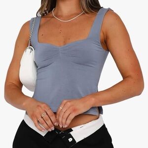 Women’s Slim Crop Tank Pleated Bustier Sweetheart Neckline Cami, Ash Blue, M